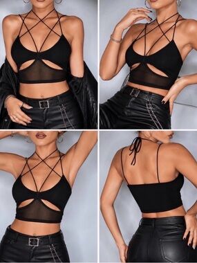 Black Strappy Mesh Crop Top - Women's Trendy Halter Bralette